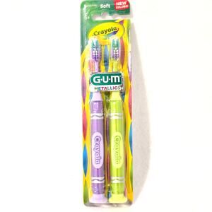 GUM Crayola Metallic Purple Green Soft Bristle Toothbrush 2 Pack Suction cup NEW